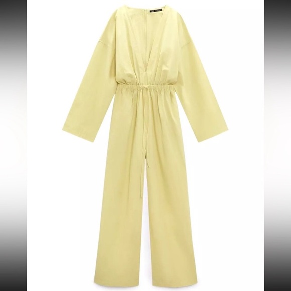 ZARA Drawstring Pistachio V Neck Long Sleeve Jumpsuit- NWT Size XS - Picture 6 of 13